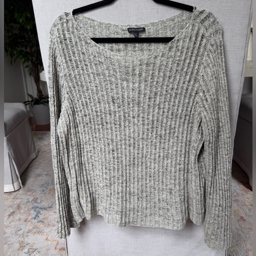 Eileen Fisher Gray Ribbed Scoop-Neck Sweater